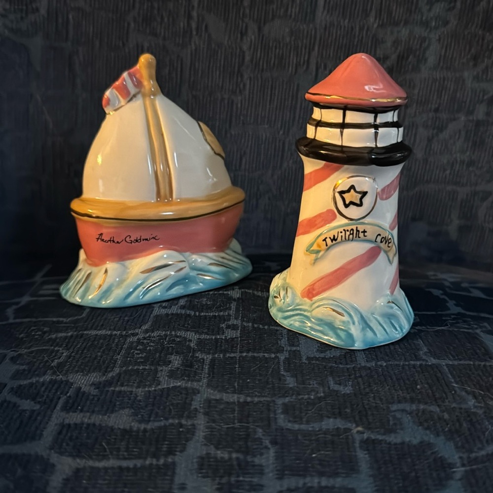 Salt and Pepper Shaker Blue Sky Clayworks Heather Goldminc Lighthouse Sailboat